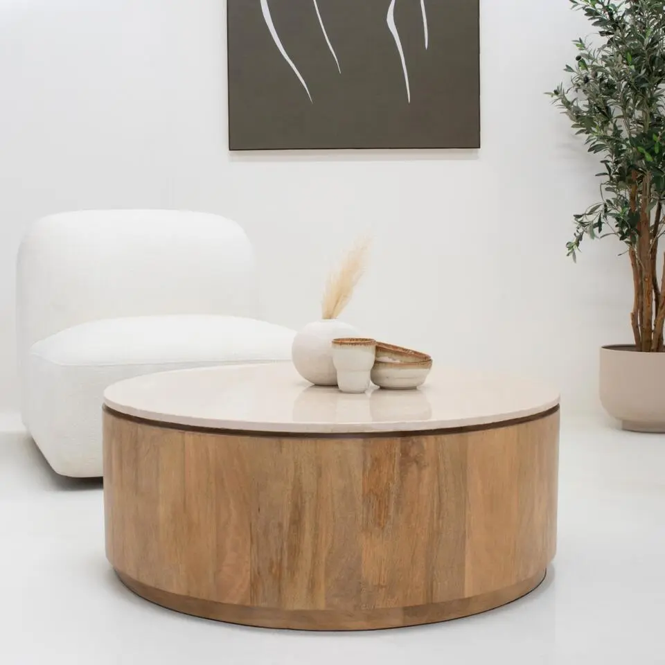 Salontafel Marmer Naturel - 90x90x35cm - Rond - Elan