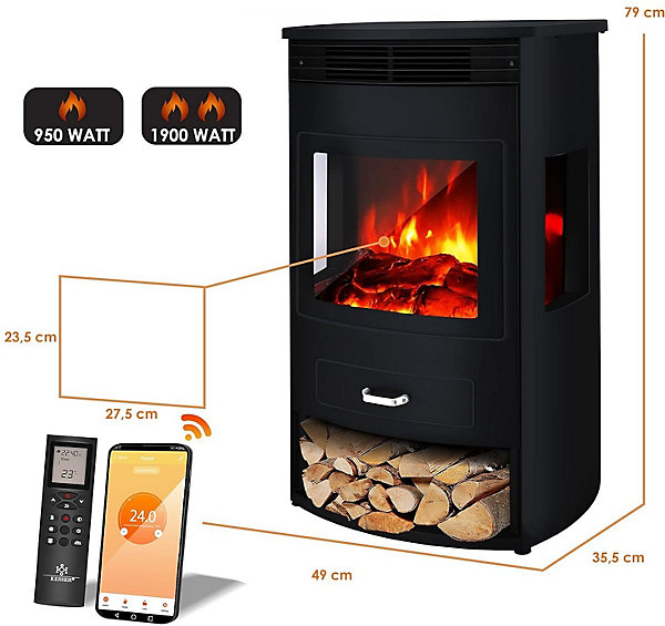 Cheminée électrique avec Chauffage Radiateur 950/1 900 W soufflant Télécommande Effet de Flamme LED Feu de cheminée - Noir