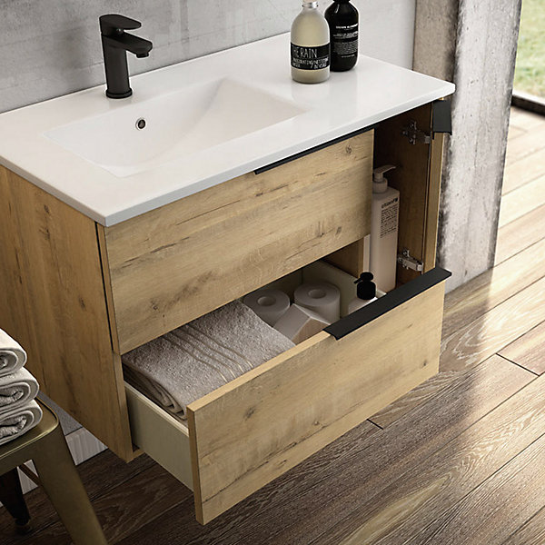 Meuble sous vasque seul, 2 tiroirs et 1 porte, 100cm, vasque déportée à gauche, roble (chêne clair) - KING