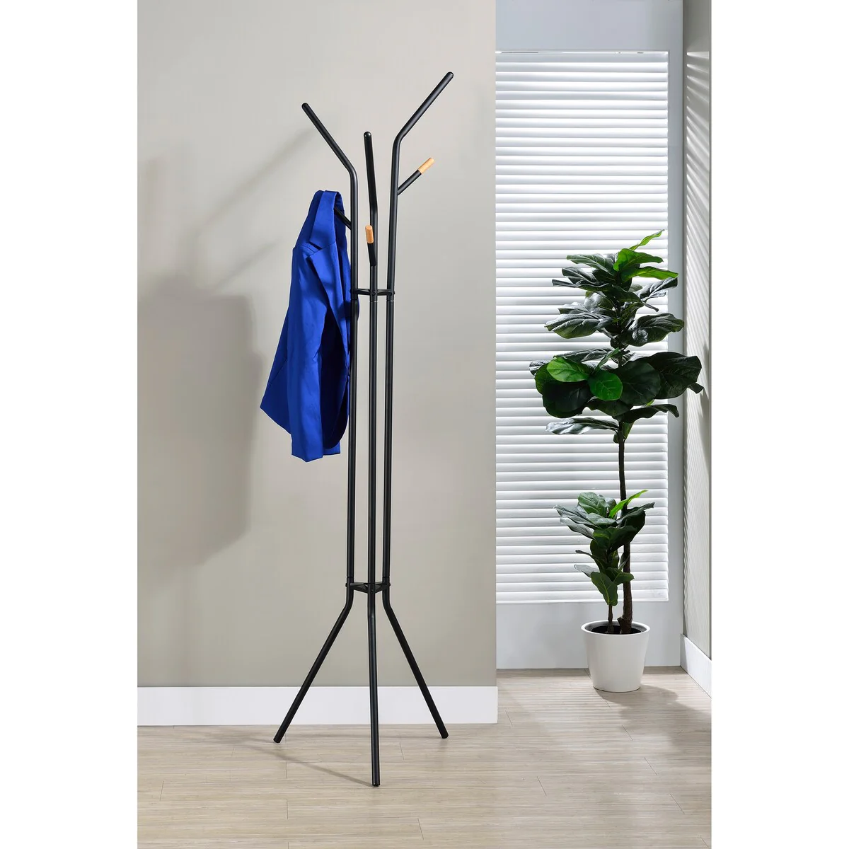 Proman Products Cali Tripod Freestanding Metal Coat Tree Rack with 6 Hooks for Entryway, Living Room, Bedroom, Office, Black