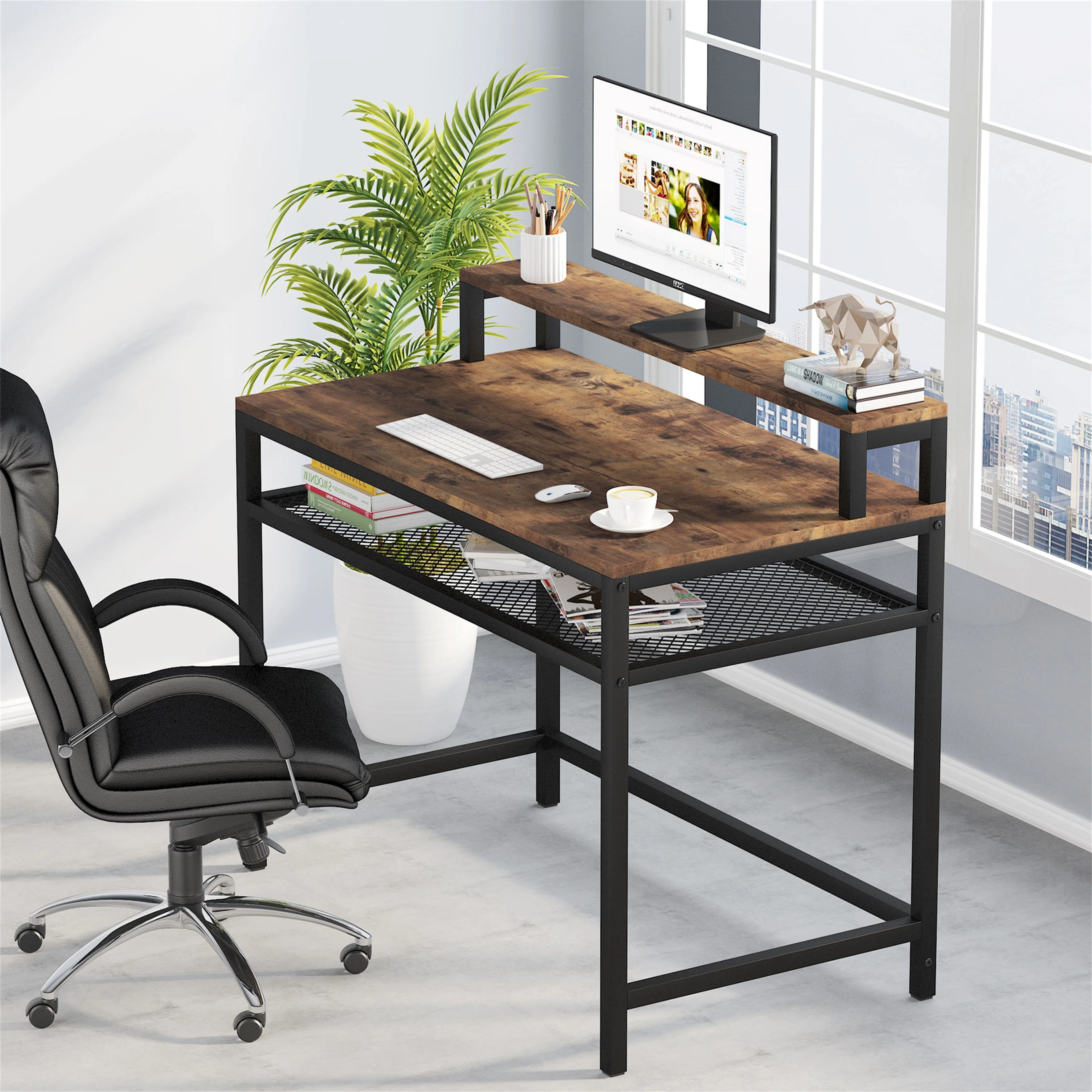 Computer Desk, Industrial Writing Study Table with Storage Shelf & Monitor Stand