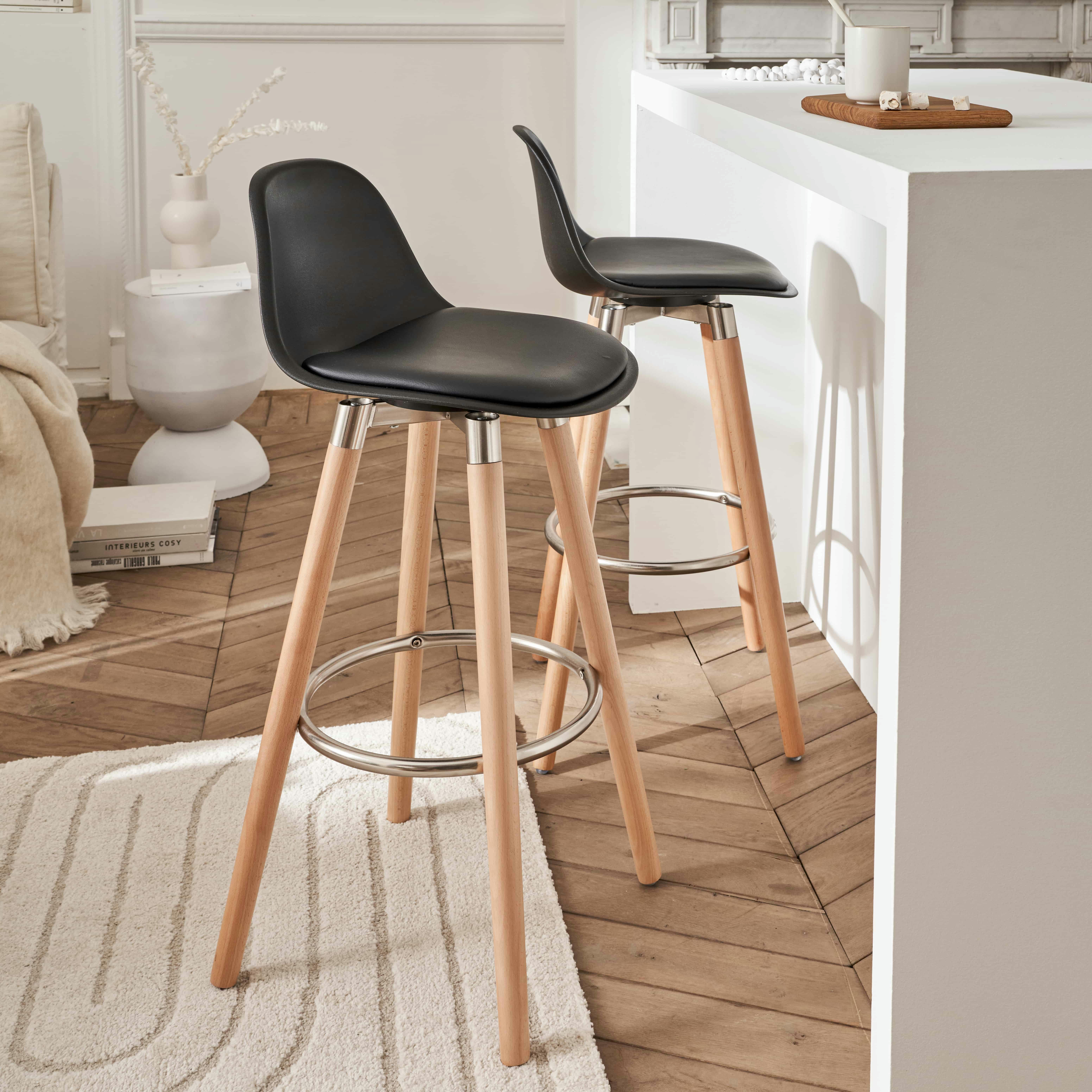 TABOURET B&B - Lot de 2 tabourets noir pieds en bois naturel 39,5x44x91cm