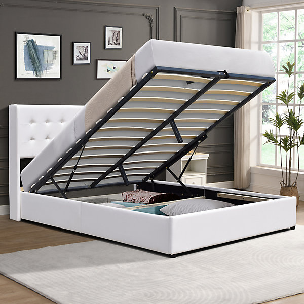 Lit coffre dehoussable blanc 120x190 cm - avec tete de lit capitonnee - 12 lattes -- entretien facile - lit de rangement