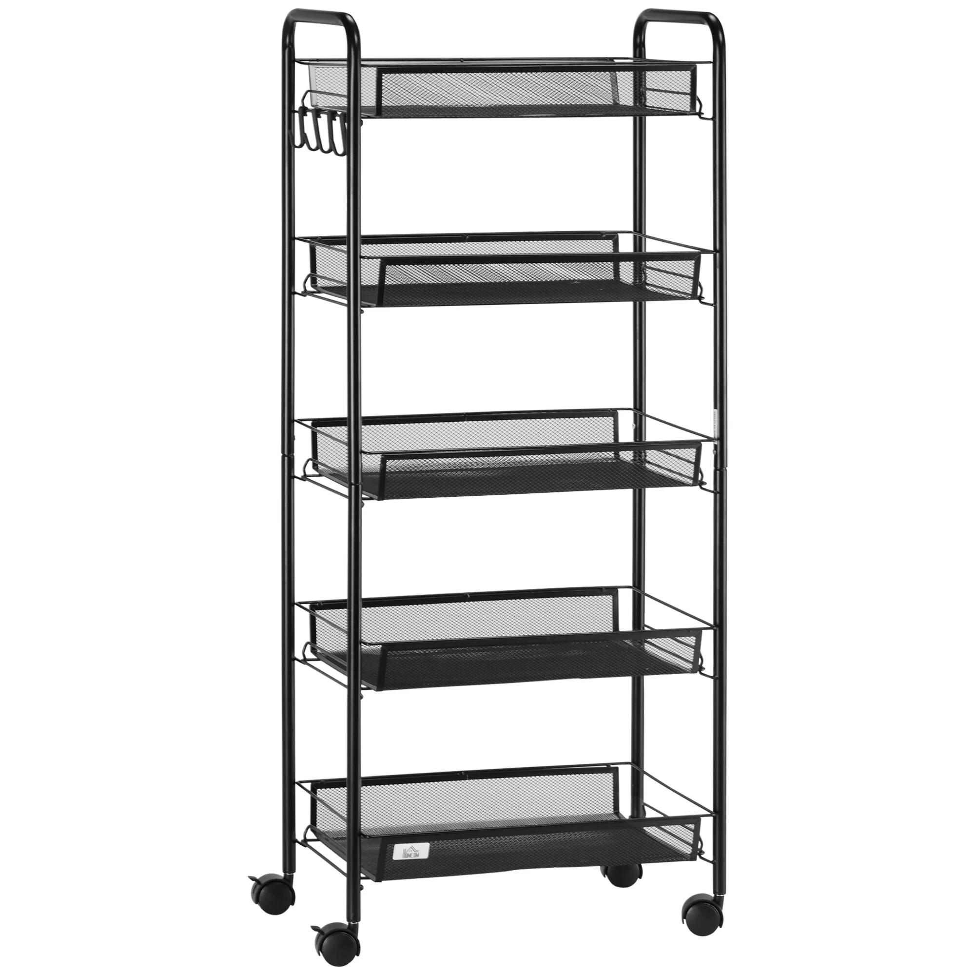 HOMCOM 5 Tier Utility Rolling Cart, Metal Storage Cart, Kitchen Cart with Removable Mesh Baskets, Black
