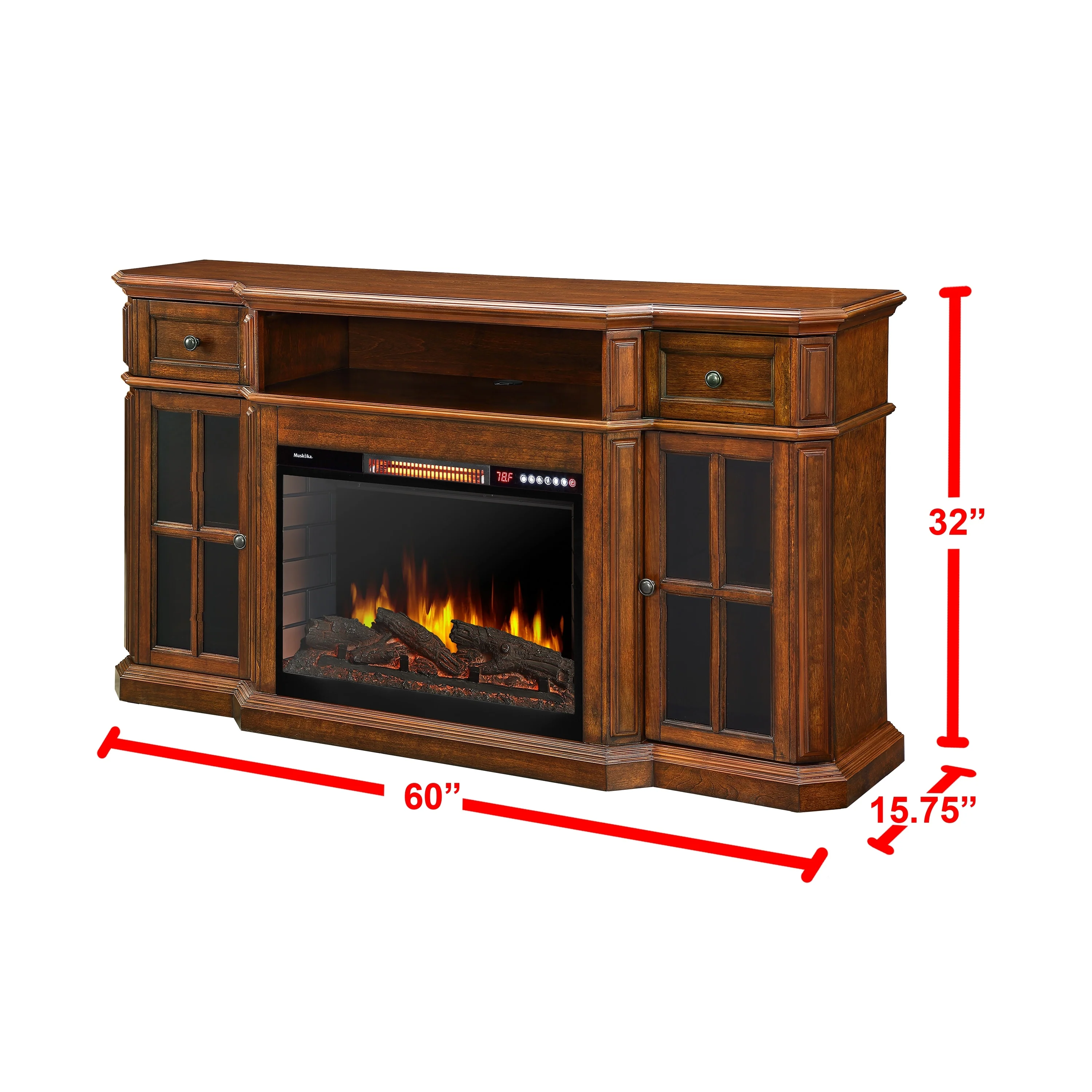 Muskoka Sinclair 60 TV Stand Electric Fireplace w/LED Lights and Bluetooth in Aged Cherry