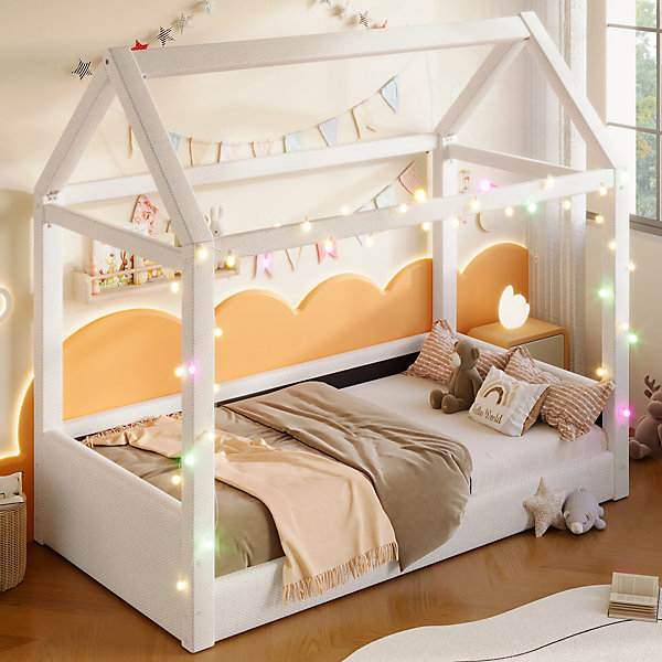 Lit Simple 90 x 200 cm - Canapé-Lit avec éclairage LED Intégré, Gain de Place pour Chambre, Bois Massif, Sans Matelas, Beige