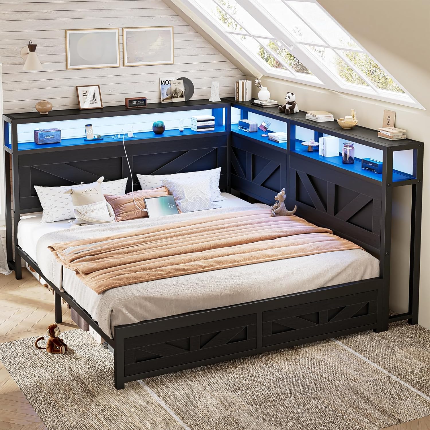Corner Queen Size Bed Frame with Headboard and Storage Bookcase Large Capacity Farmhouse Bed Frame with LED Lights and Charging Station for Kids Corner Storage Bed