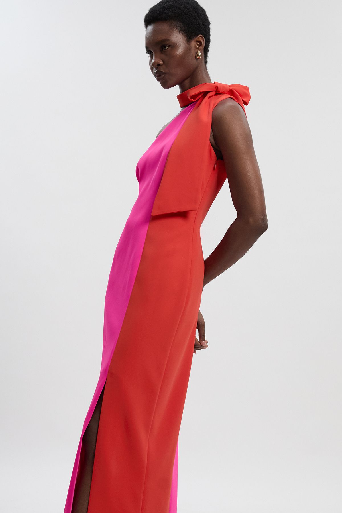 KarenMillen Soft Tailored Colour Block Bow Tie Neck Midi Dress