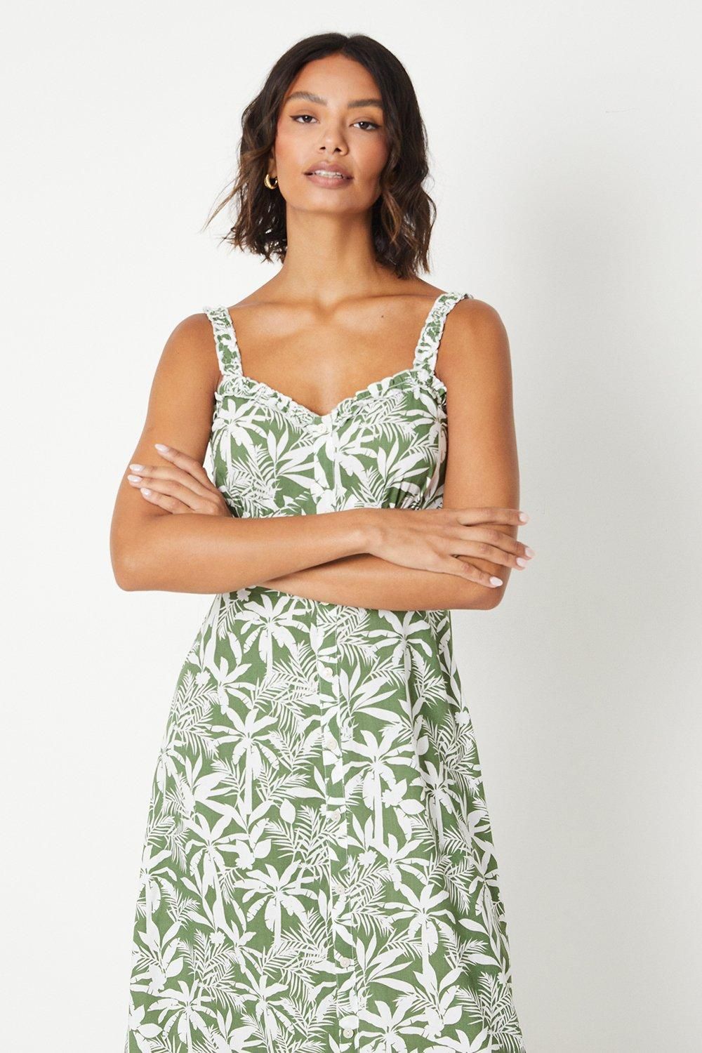 Dorothy Perkins Palm Button Through Frill Neckline Midi Dress
