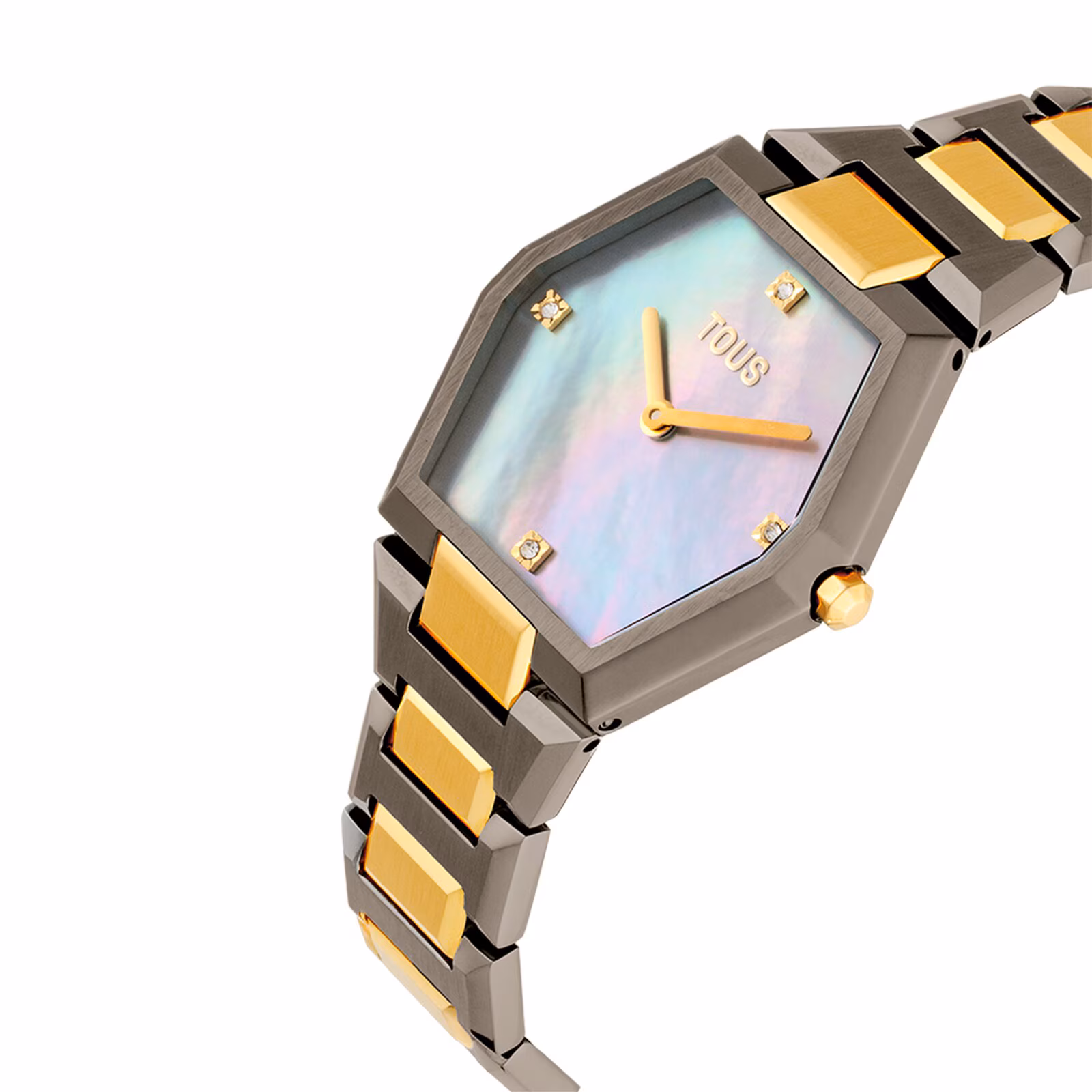 Reloj analógico con brazalete de acero negro, dorado y esfera de nácar gris Karat