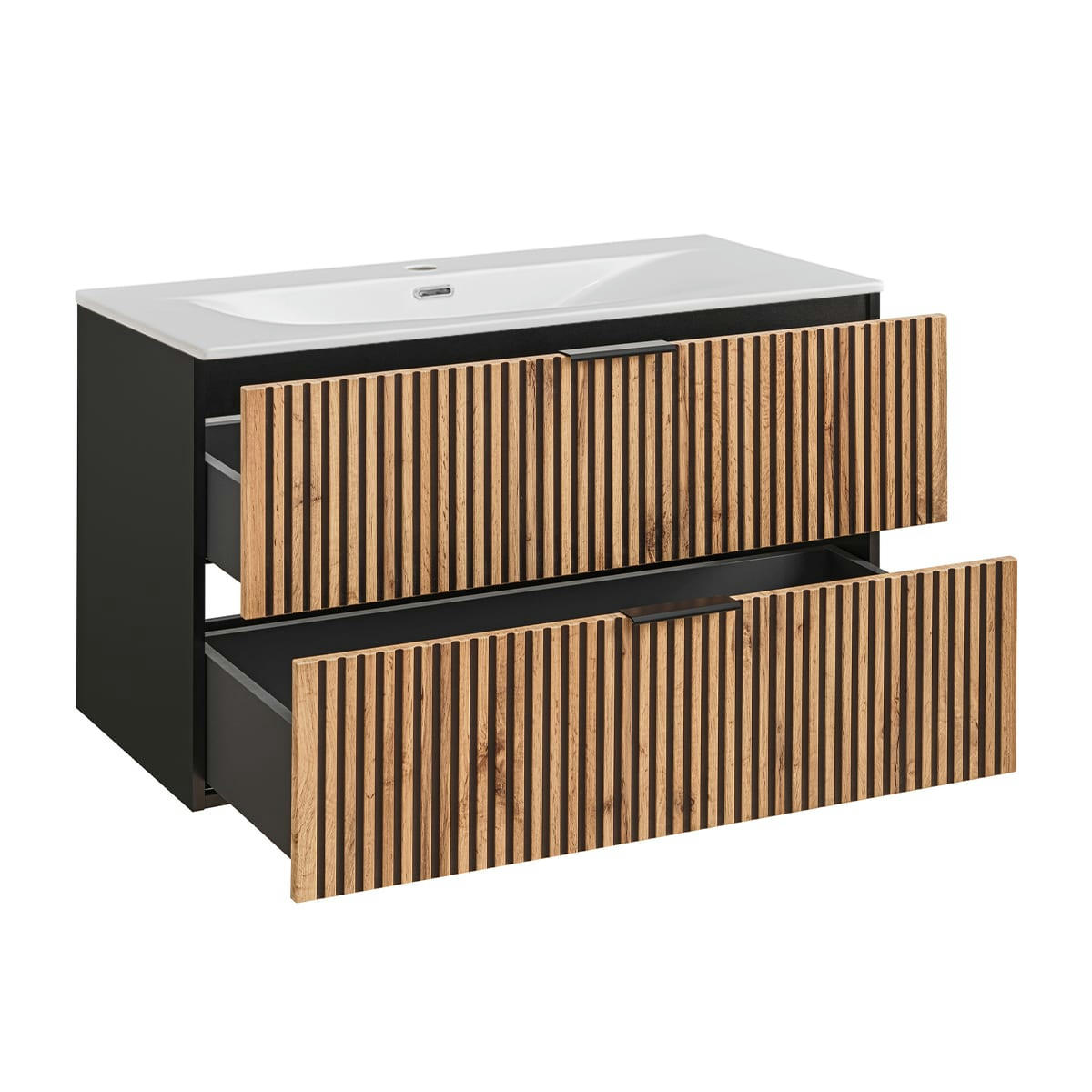 - Meuble simple vasque encastrée 100cm naturel et noir