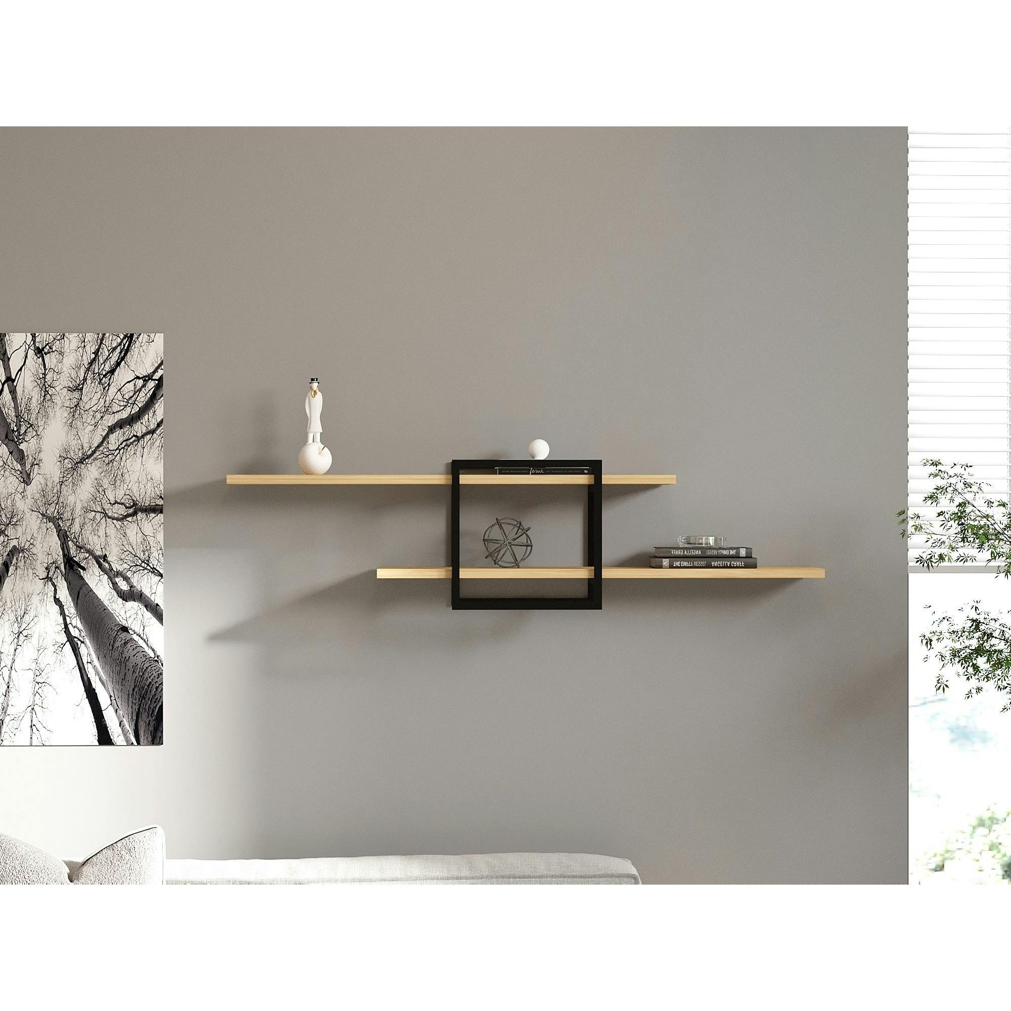 Étagère murale design effet bois clair - 1 cube, 2 plateaux JENA