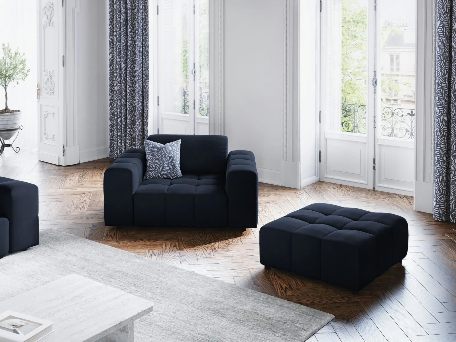 LUC - Fauteuil en tissu velours bleu foncé