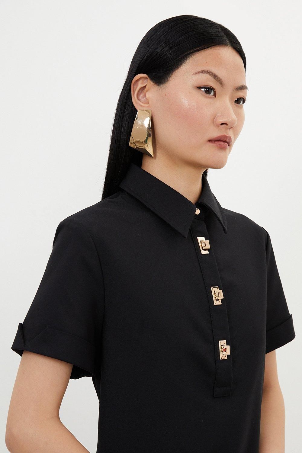 KarenMillen Techno Cotton Woven Short Shirt Dress With Gold Clasp
