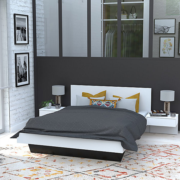 Lit 2 places 140x190cm Blanc CAIL inclus sommier et 2 chevets