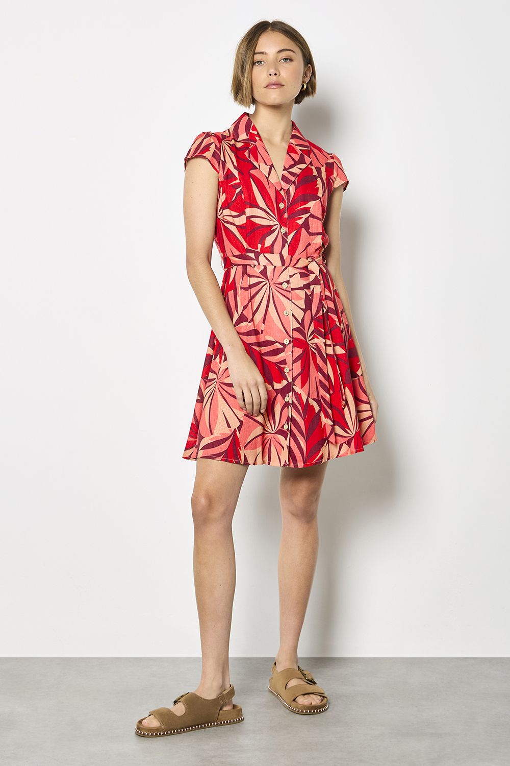 Apricot Tropical Leaf Linen-Blend Shirt Mini Dress