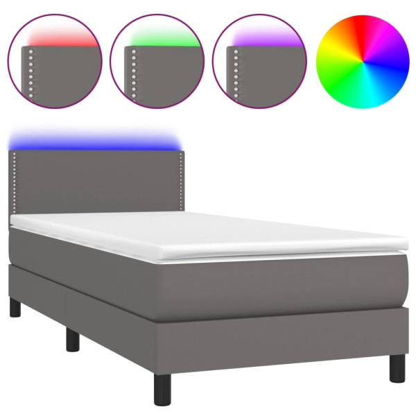 Łóżko kontynentalne z materacem LED szara ekoskóra 80x200 cm