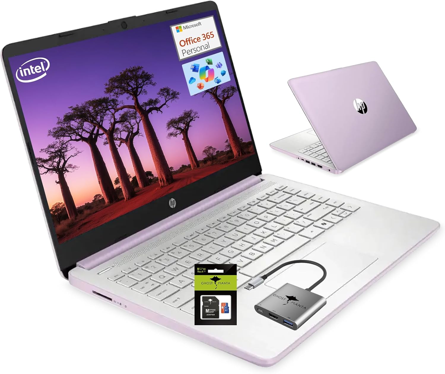 HP 14 Student-Laptop Back to School  Quad-Core Processor (Up to 3.6GHz) 8GB RAM 192GB Storage(128GB UFS + 64GB SD Card) Laptops for Student with 1-Year Office 365 Copilot AI Win11  Honey Lavender