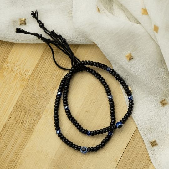 The Colourful Aura 1 Pcs Adjustable Evil Eye Slim Black Beads Nazaria Bracelet For Kids and New Borns