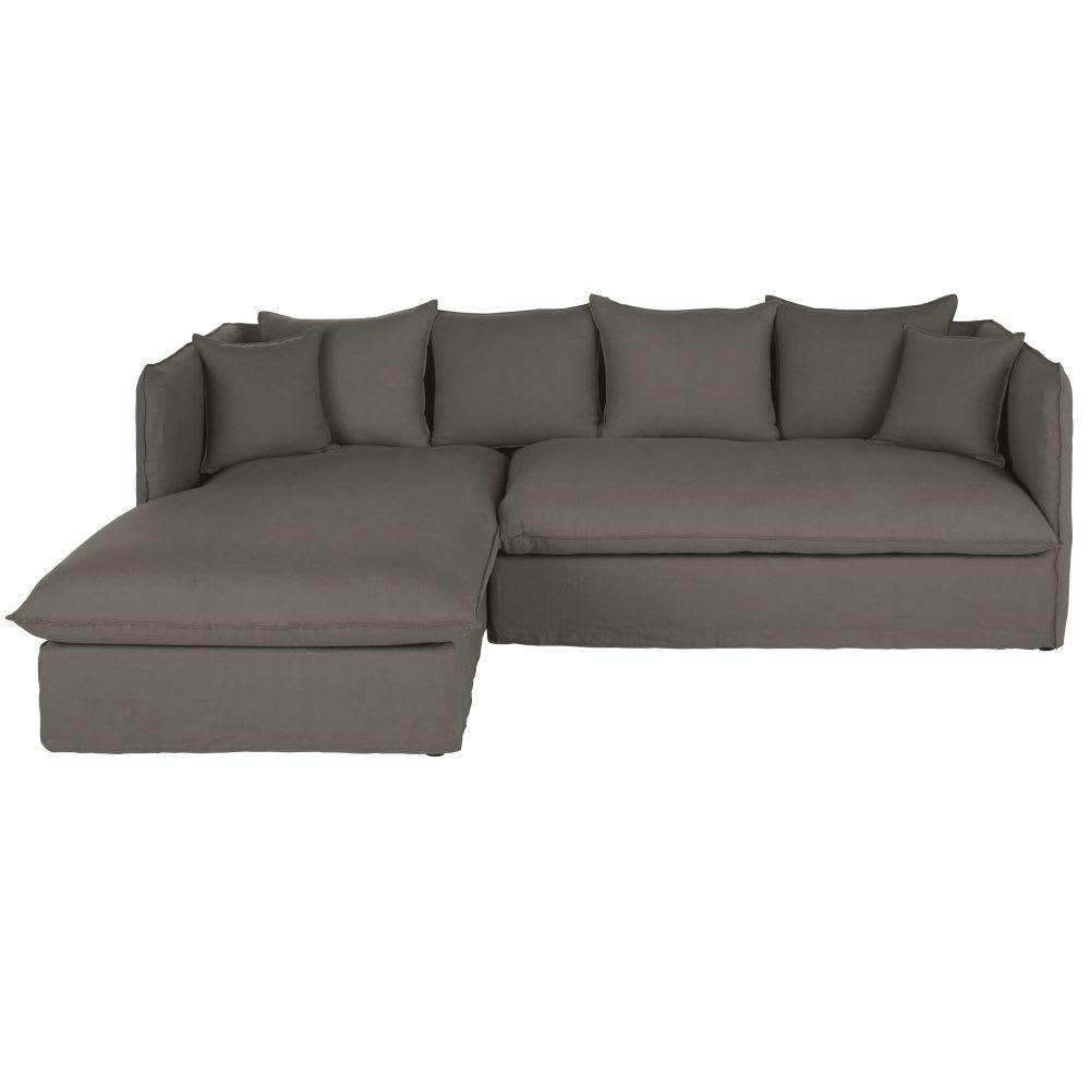 Louvain - Canapé d'angle gauche convertible 3/4 places en lin supérieur gris, matelas 10 cm