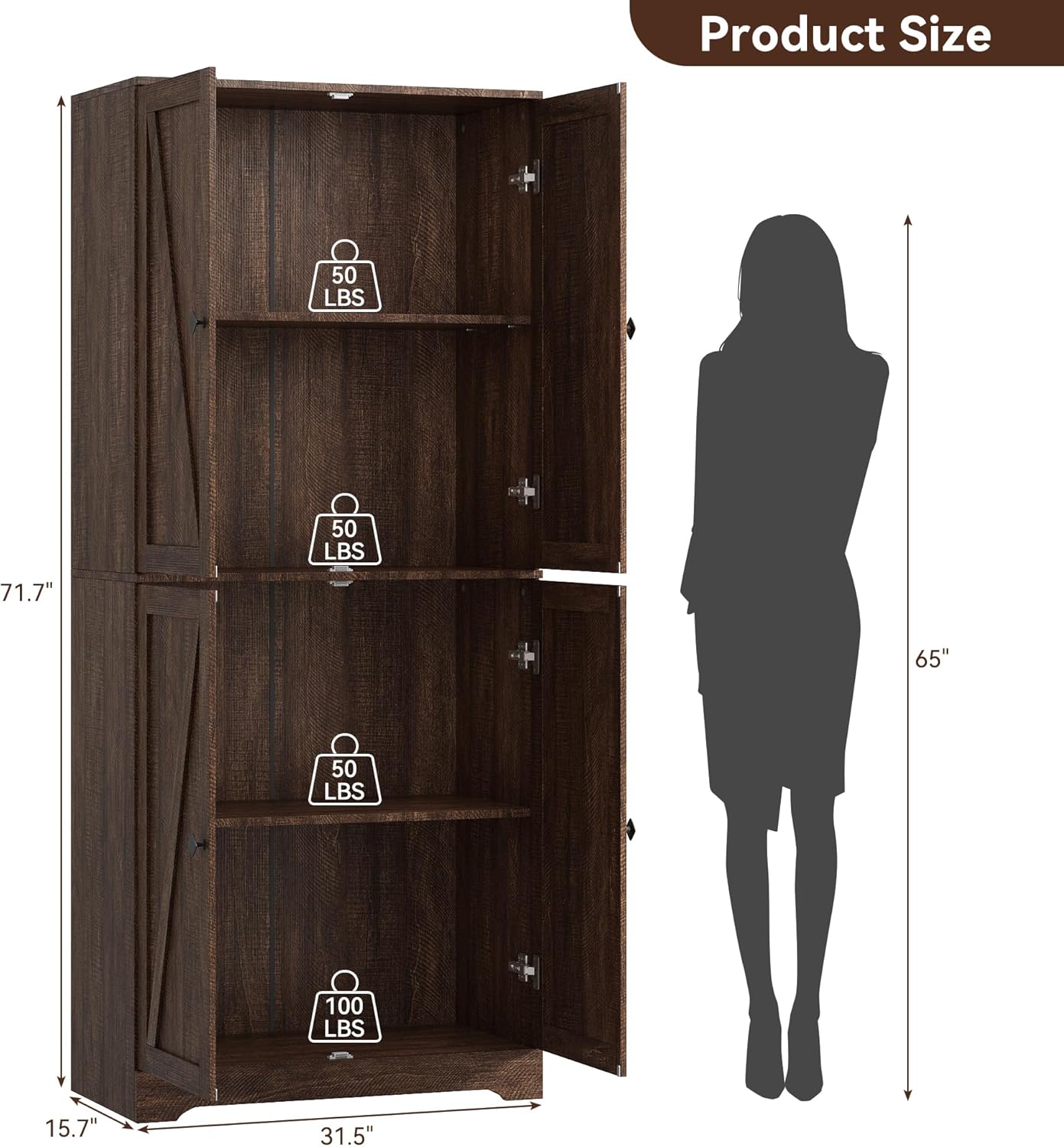 Kitchen Pantry Cabinet, 72” Tall Farmhouse Storage Cabinet with 4 Barn Doors and Adjustable Shelves, Pantry Storage for Kitchen, Living Room, Brown