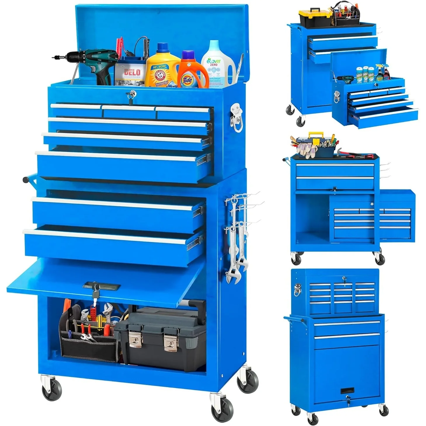 8-Drawer 2 in 1 Rolling Tool Chest Cabinet Garage Storage Toolbox with Detachable Top Tool Box and Universal Lockable Wheels