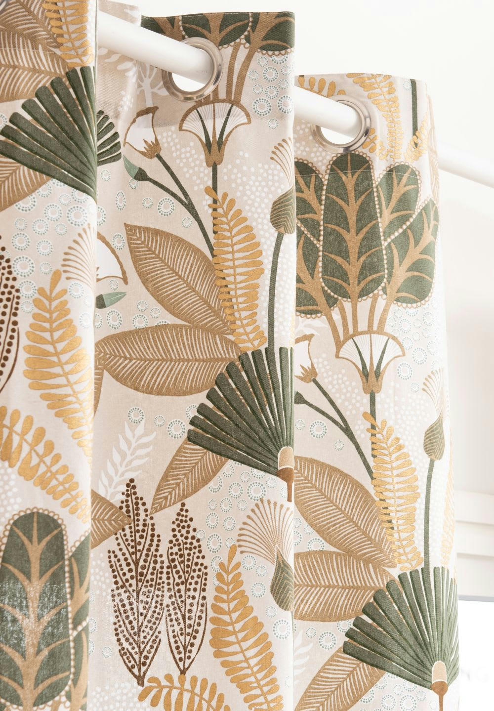 JINANE - Rideau à œillets en coton imprimé feuillage vert et doré à l'unité 140x250