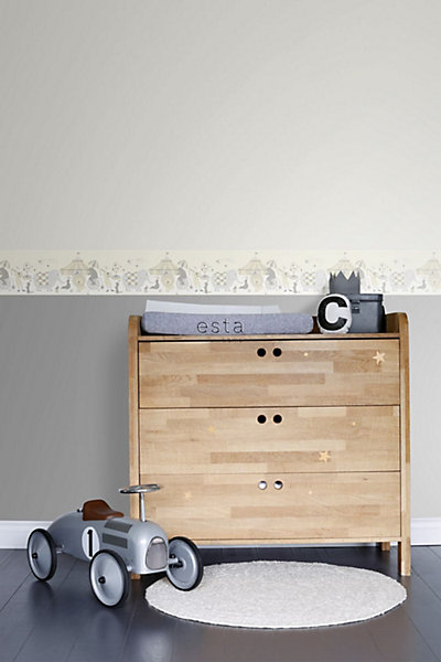 ESTAhome frise de papier peint adhésive l'univers du cirque gris clair, beige et blanc brillant 500 x 26.5 cm