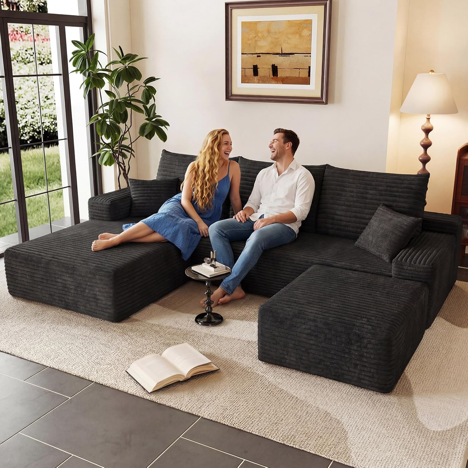 95 U-Shape Cloud Couch, Modern Modular Sectional L-Shape Sofa with Ottoman, Corduroy Upholstered Couches Deep Seat Sleeper Chaise Longue for Living Room, No Assembly Required(Black, Left Facing)