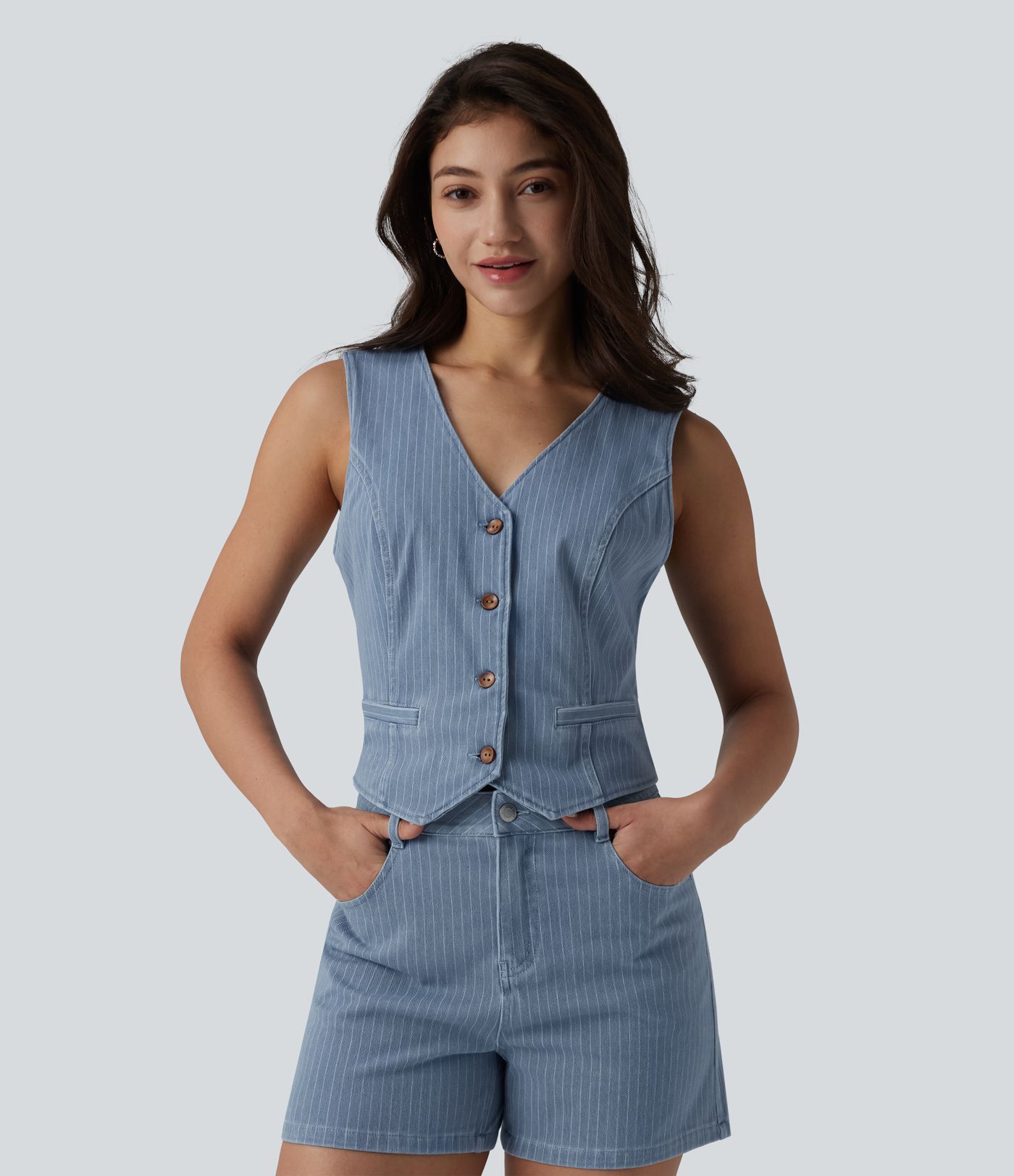 Gilet denim décontracté Halara Flex™ décolleté V profond boutonnage rayé