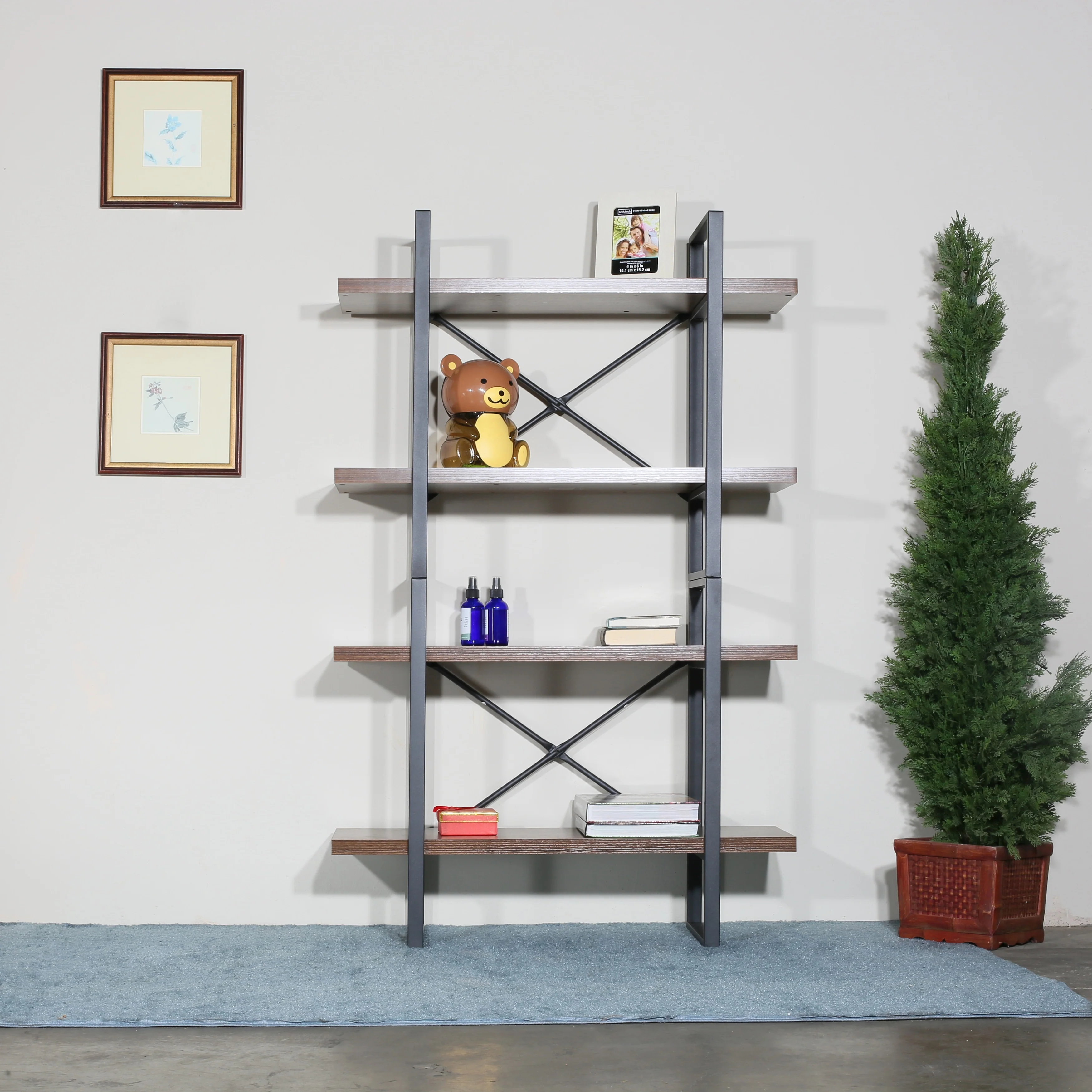 4-Tier Industrial Open Wider Etagere Bookcase Metal Frame Wood Shelves for living room - 35.4*12.5*56.7 inches