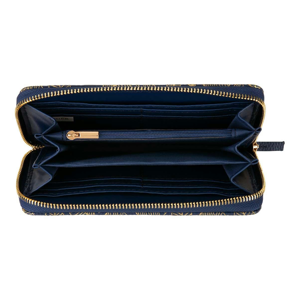 - Grand Portefeuille Femme - Feuilles Dorées - Bleu Marine