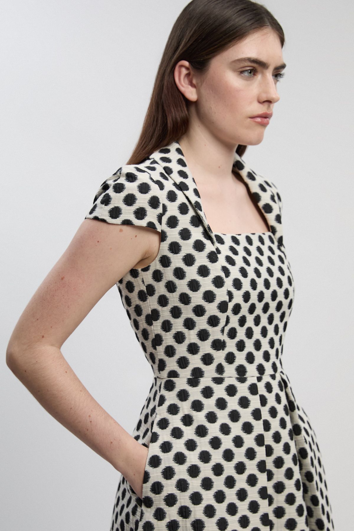 KarenMillen Petite Spot Jacquard Square Neck Tailored Full Skirted Midi Dress