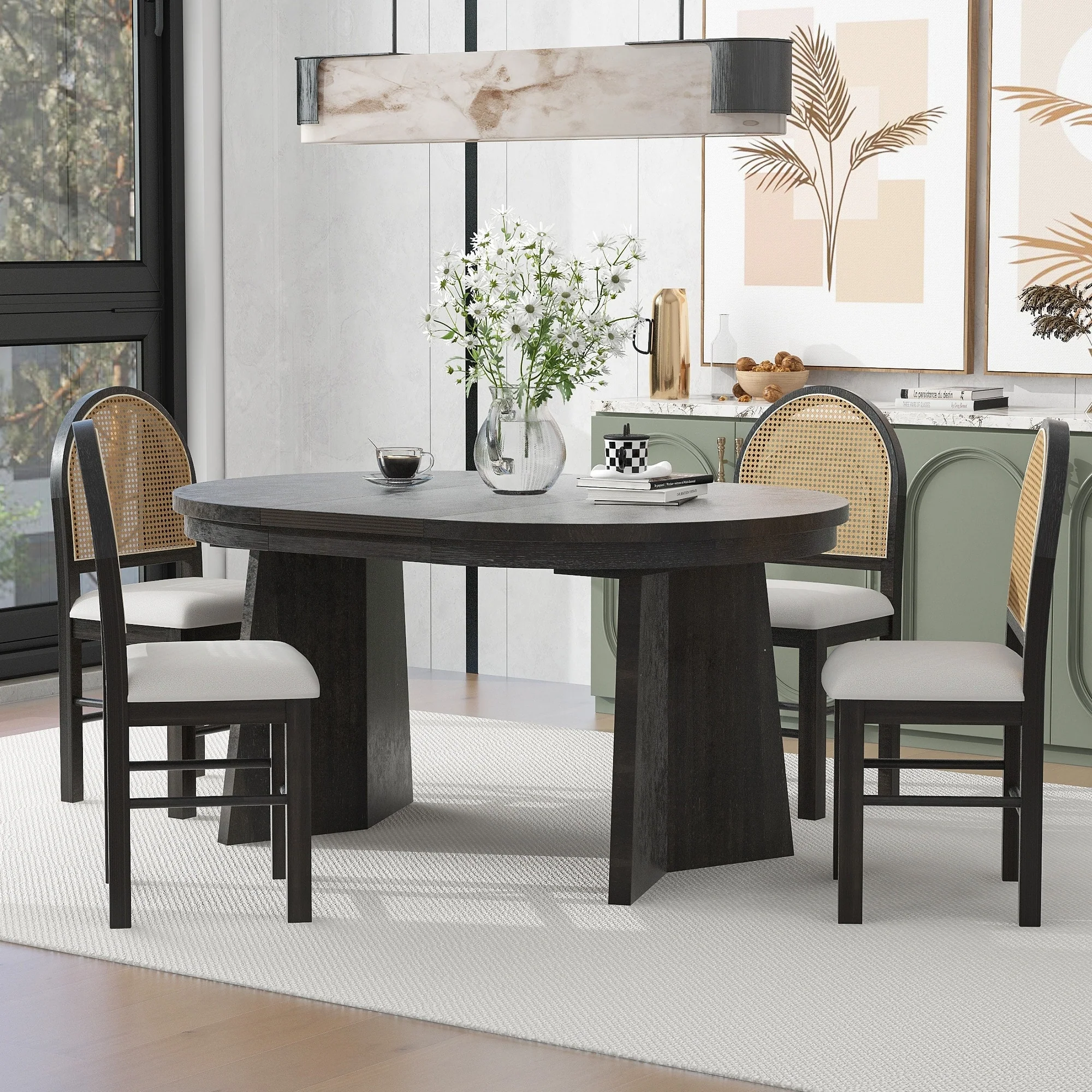 Transitional Style Wooden 5-piece Functional Dining Set with Extendable Table and 4 Rattan Backrests Upholstered Chairs