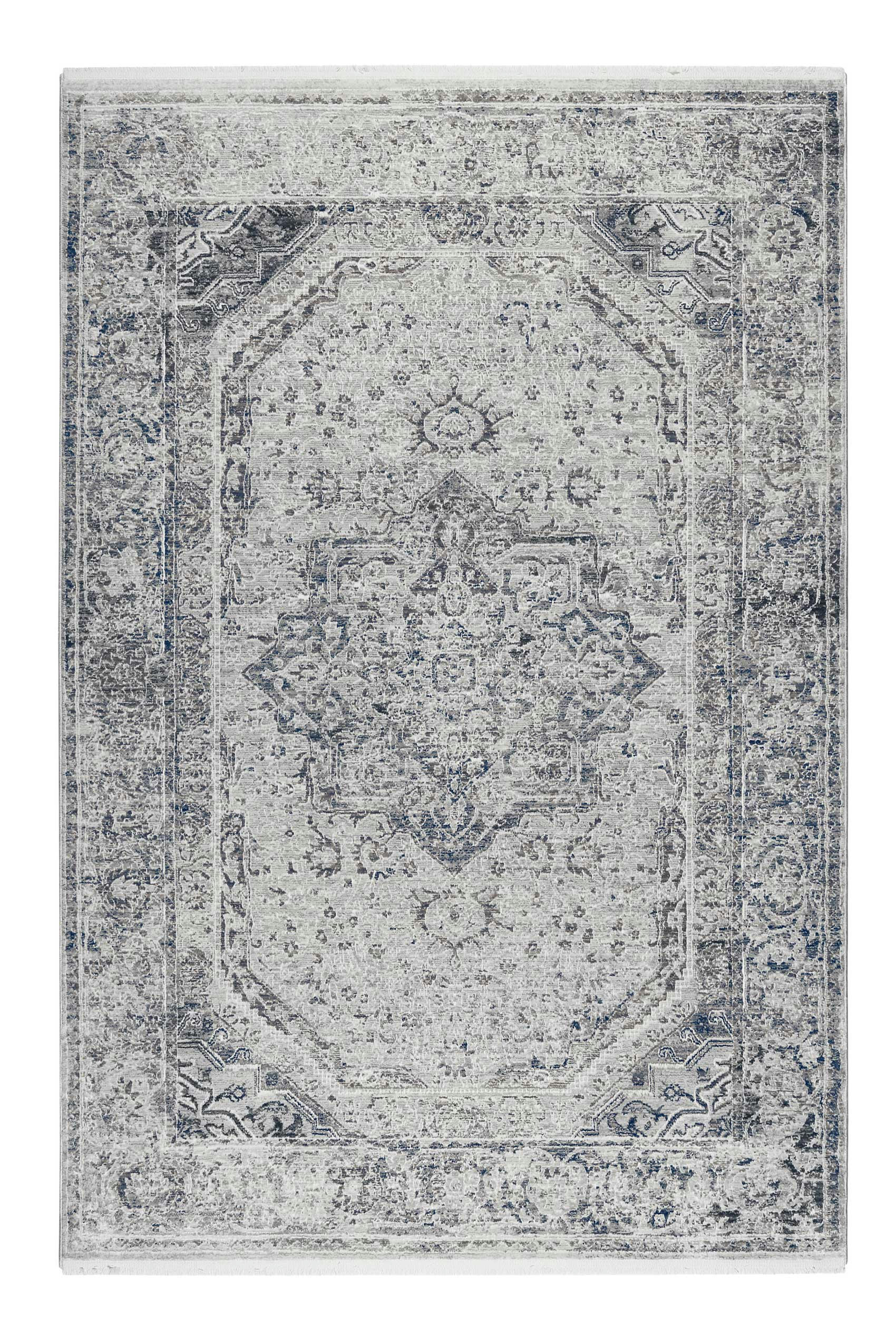 SOHO - Tapis vintage bohème à poils ras et franges gris bleu beige 230x160
