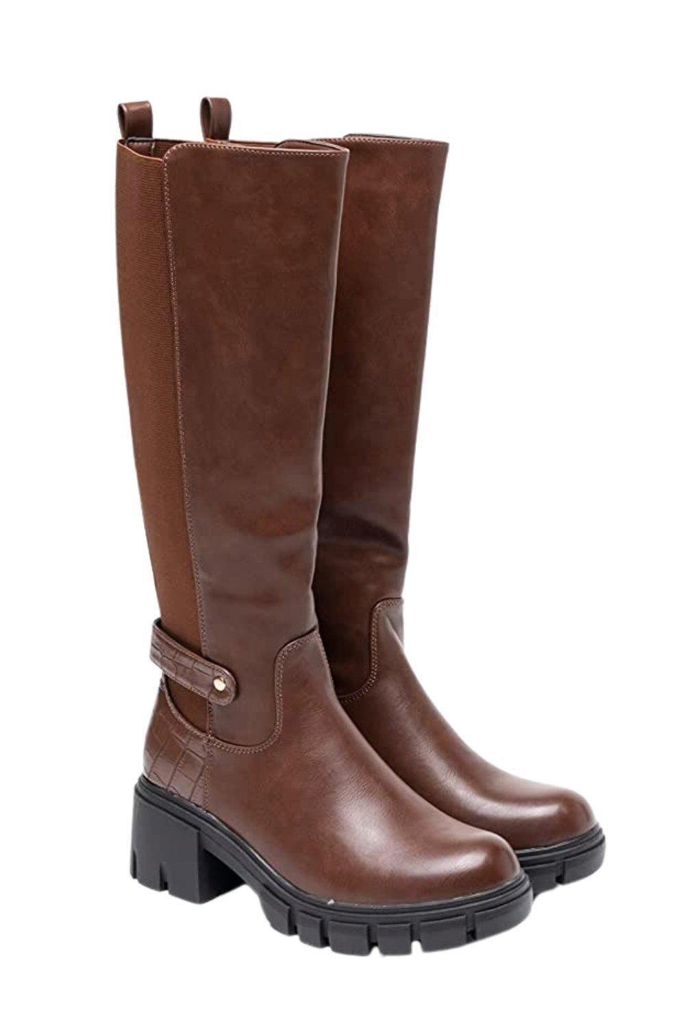 IVACHY Buckle Croc-embossed Detail Zip Block Heel Tall Knee High Boots