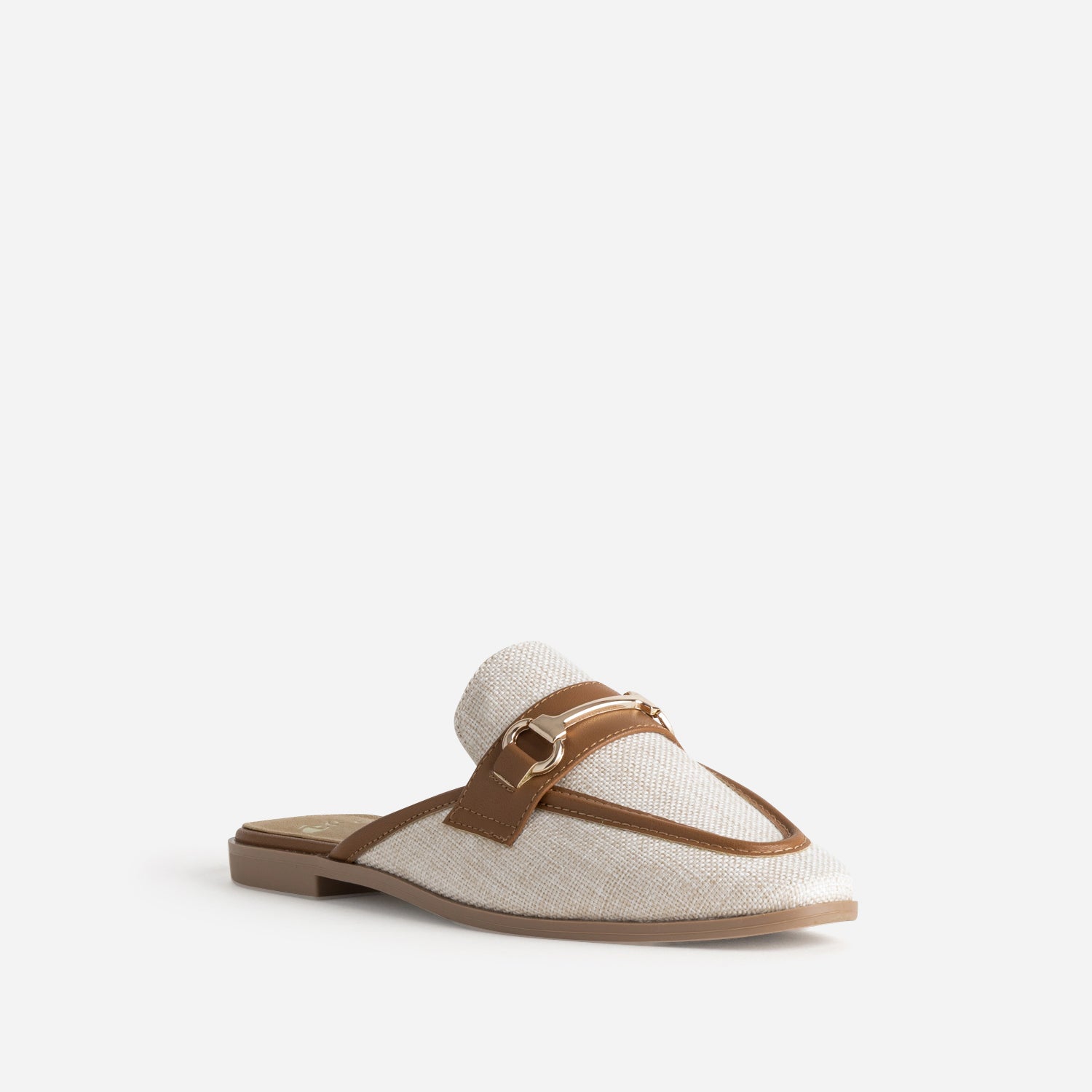 Mule bi-matière beige lin bordé cognac