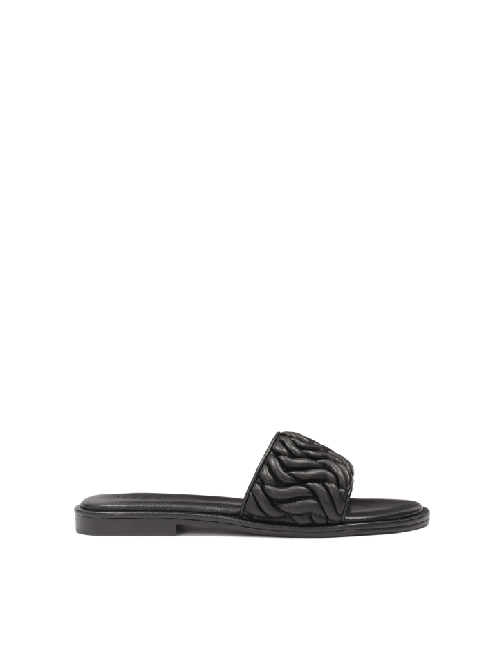 Black leather slides with crinkle strap