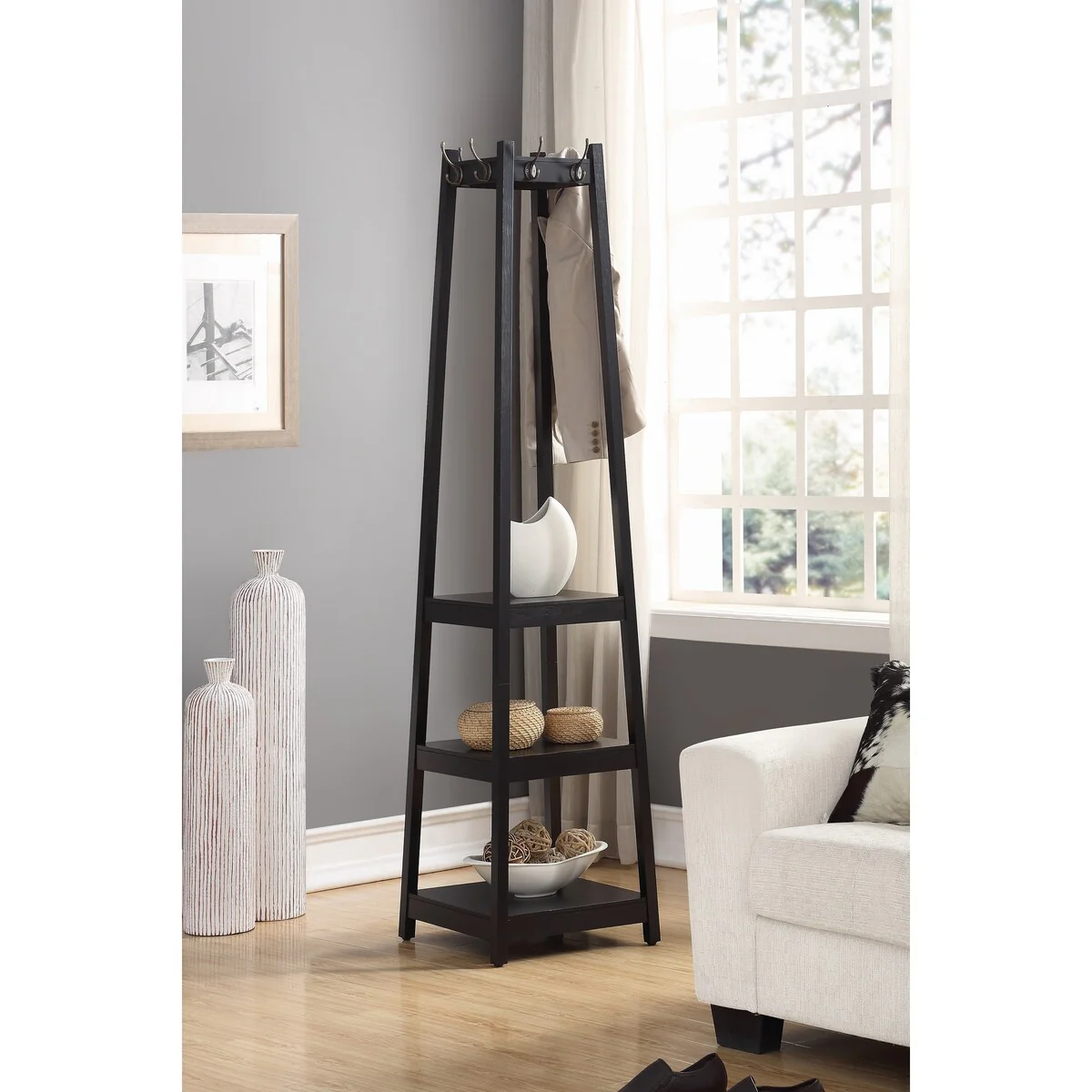 Wooden Coat Rack w/ 3-Tier Storage Shelves