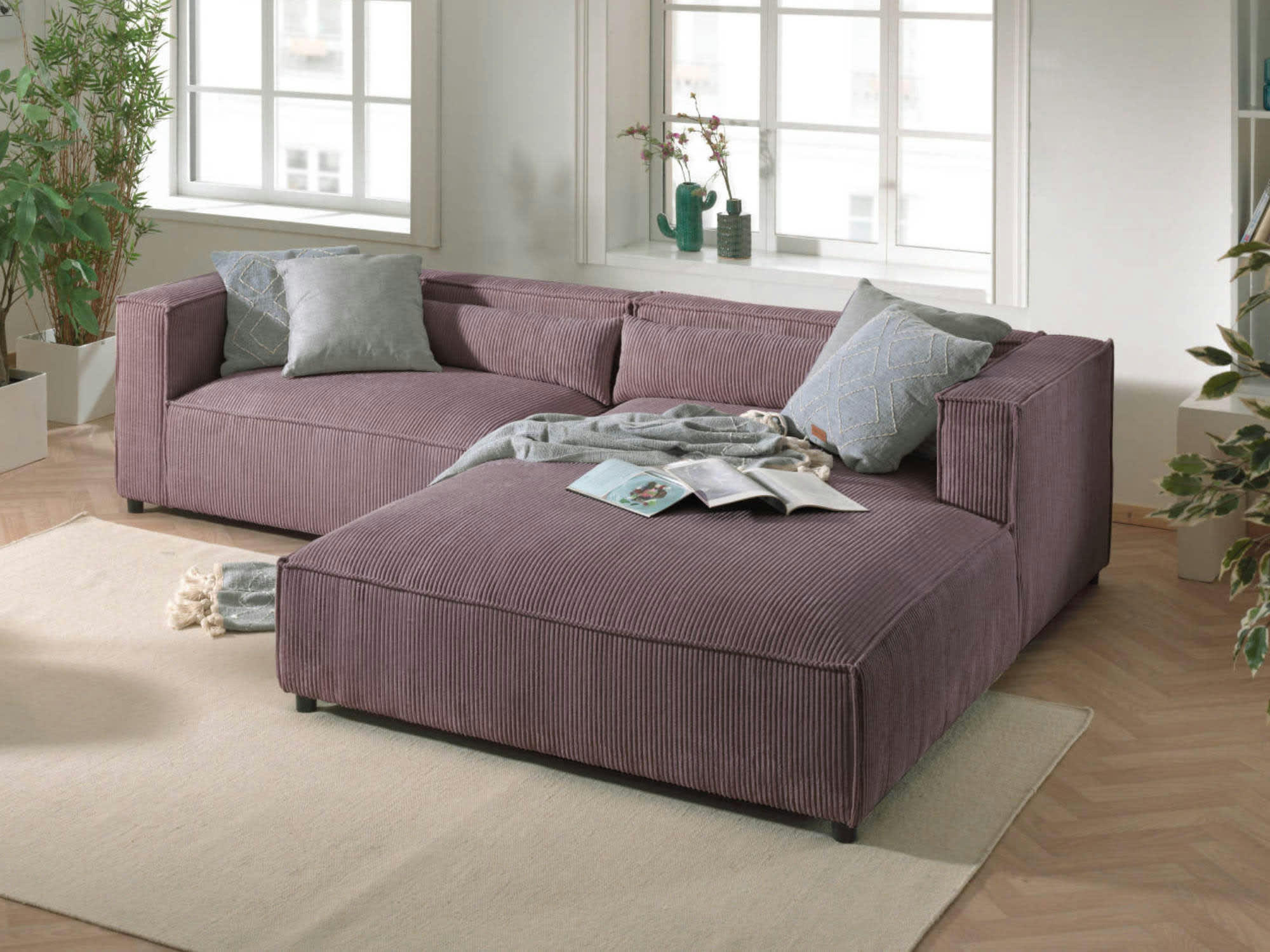 ELA - Canapé d'angle droit 4 places en velours côtelé rose