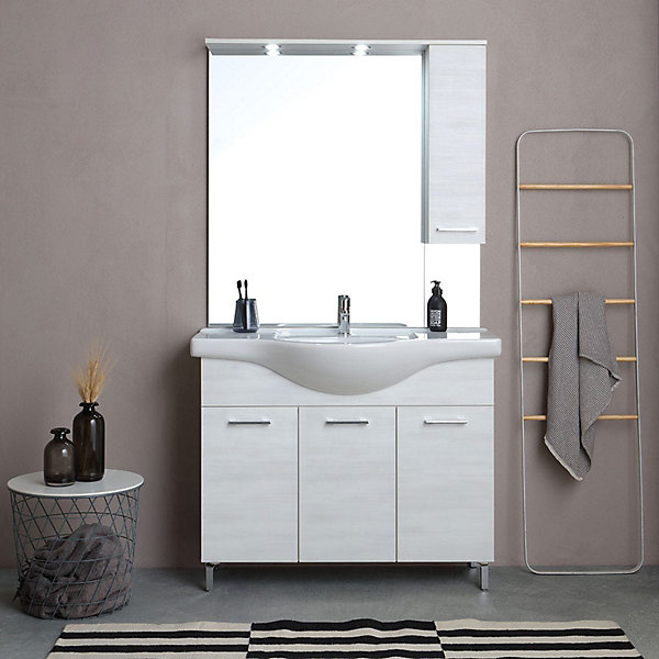 Armoire De Salle De Bain 105Cm 3 Portes Chêne Blanc, Miroir Avec Unité Murale Rimini