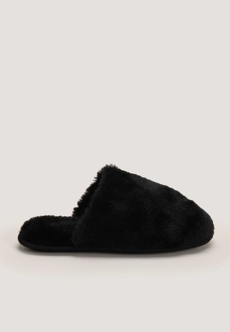 Womens Black Faux Fur Fluffy Mule Slippers