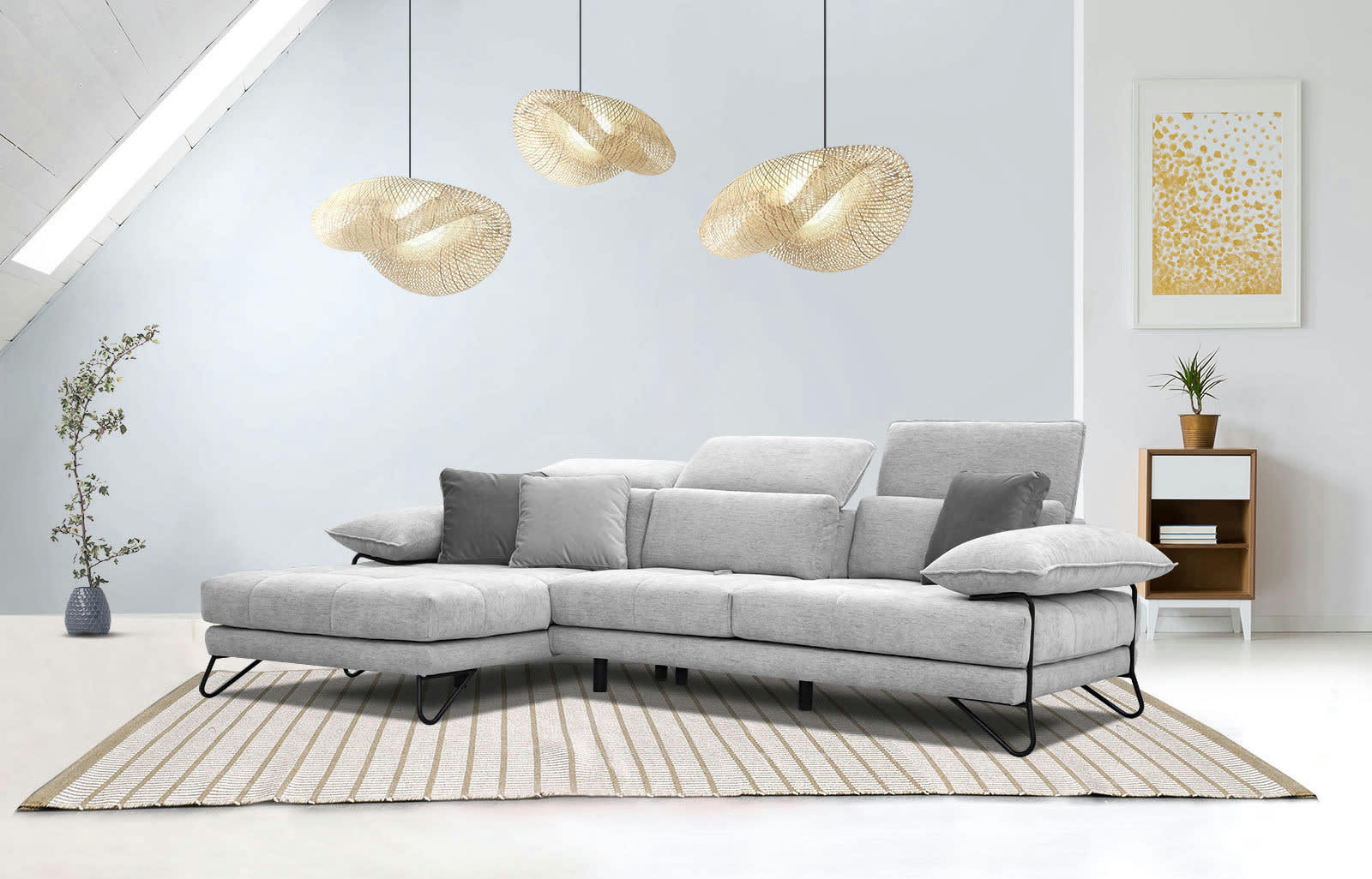 NORDEN - Canapé d'angle gauche 4 places en tissu gris clair avec coussins déco