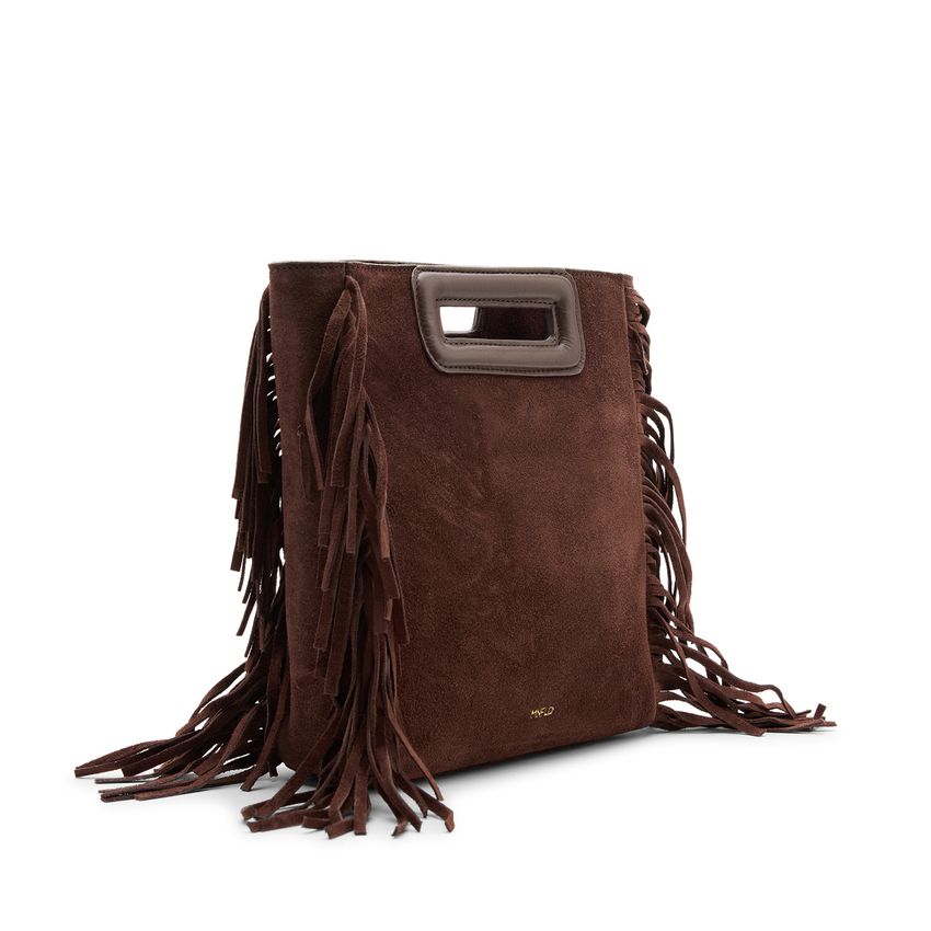 Manfield Donkerbruine suède handtas met franjes