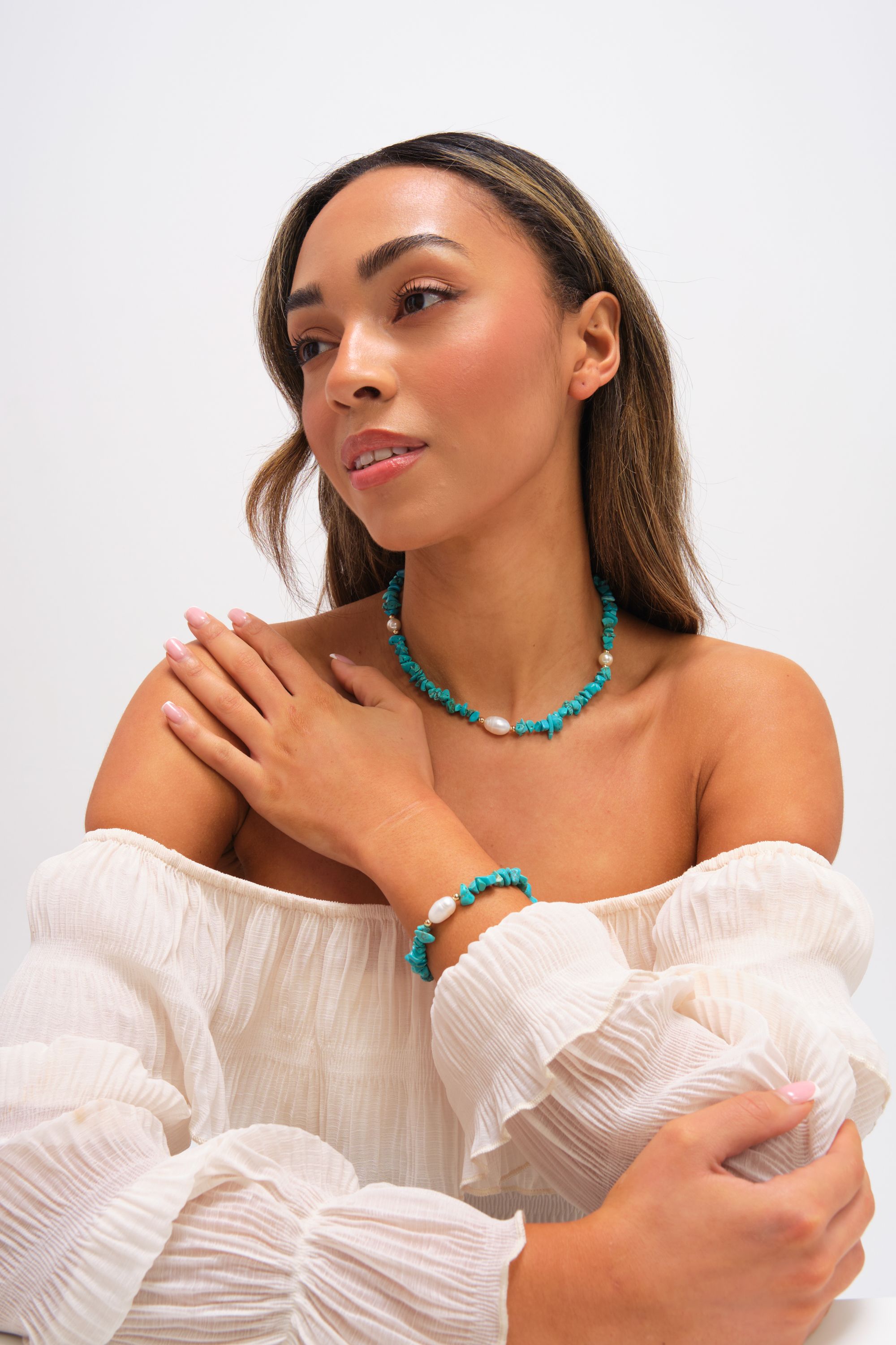 Mood Gold Plated Turquoise and Pearl Beaded Set