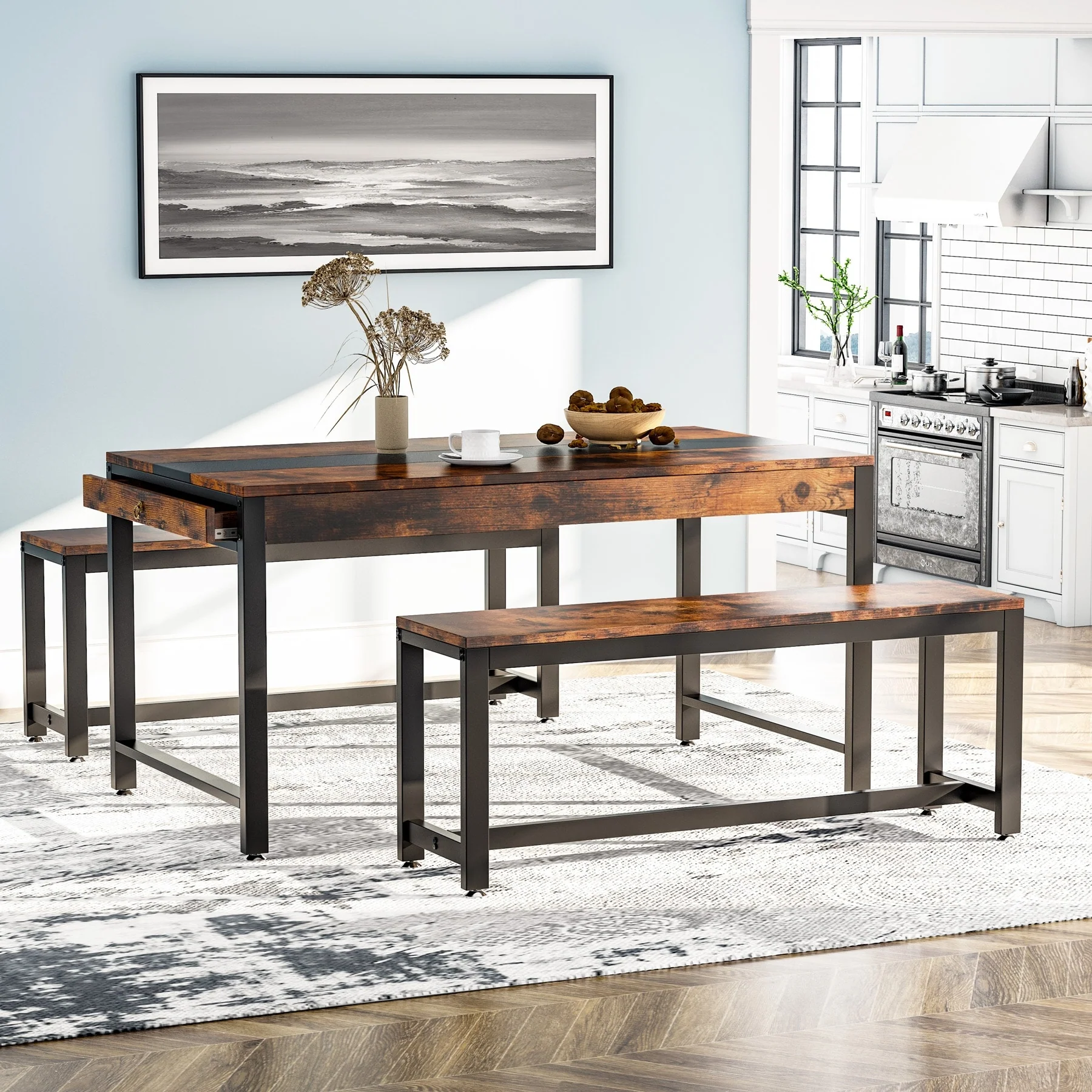 63 Inches 3-piece Large Dining Table Set with 2 Benches