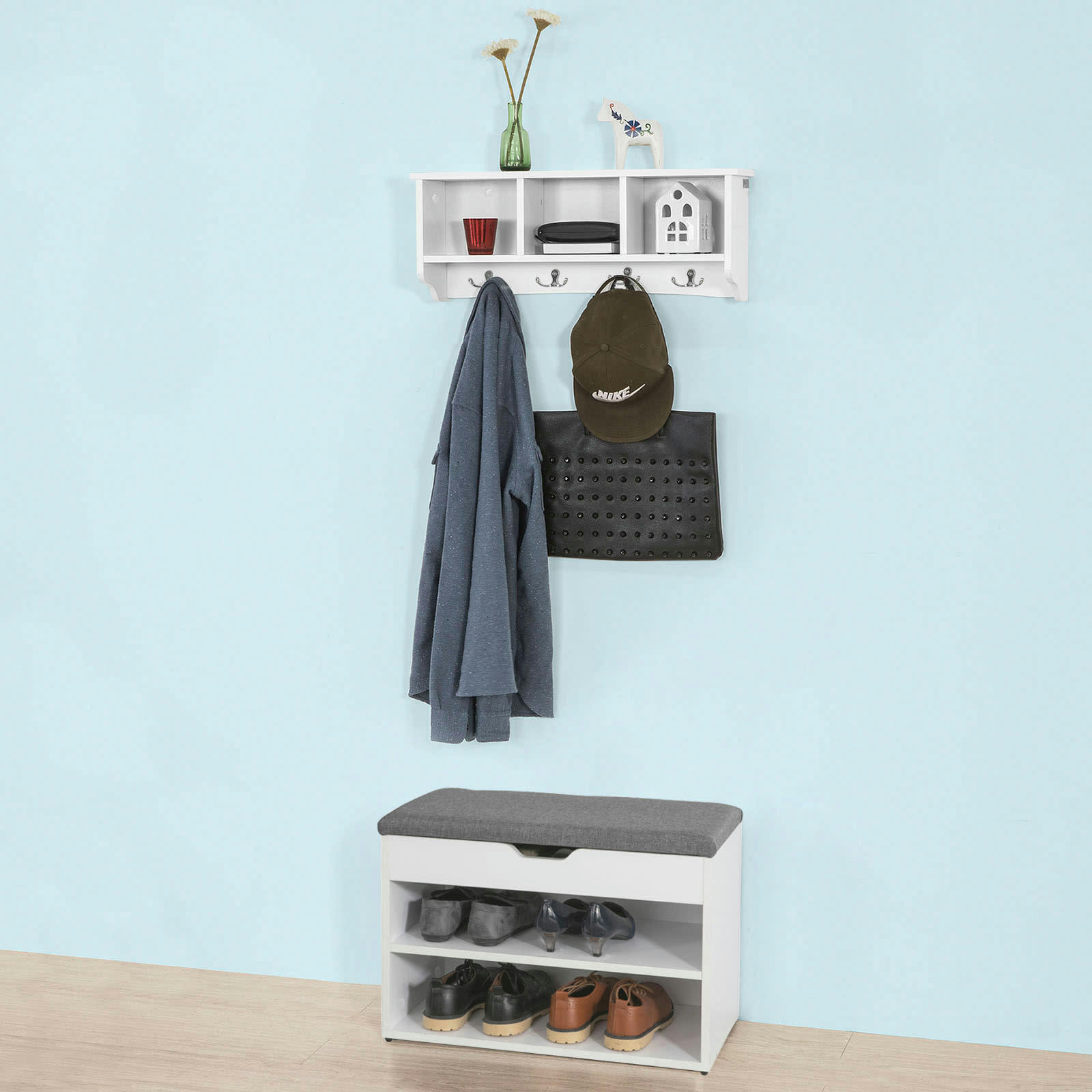 - Banc à chaussures 2 étages coussin gris effet bois