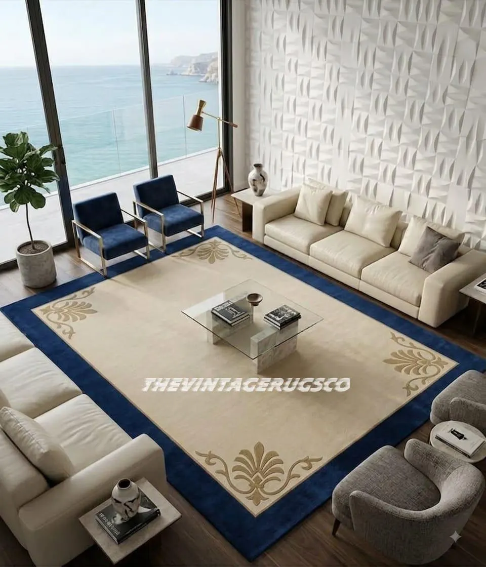 Navy Blue Rug, Traditional Area Rug, Elegant Floral Wool Carpet, Luxury Living Room Rug, Beige Blue Bedroom Rug, Custom Size