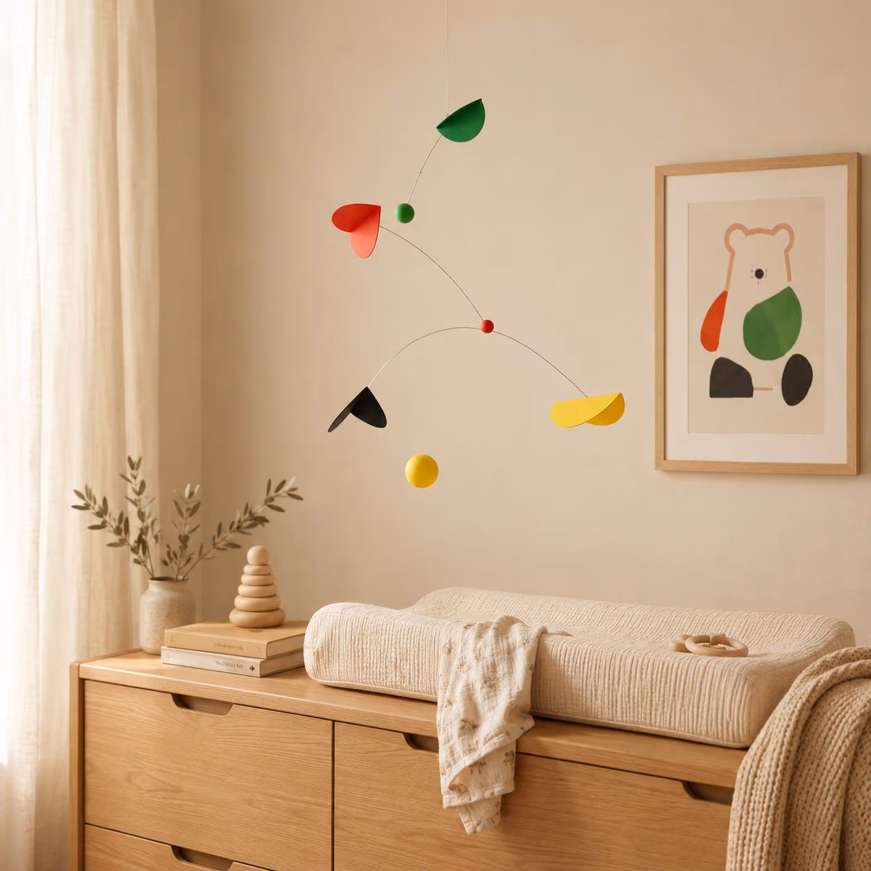 Handcrafted Kinetic Mobile, Bauhaus Mondrian Style Geometric Art, Primary Colors Ceiling Decor