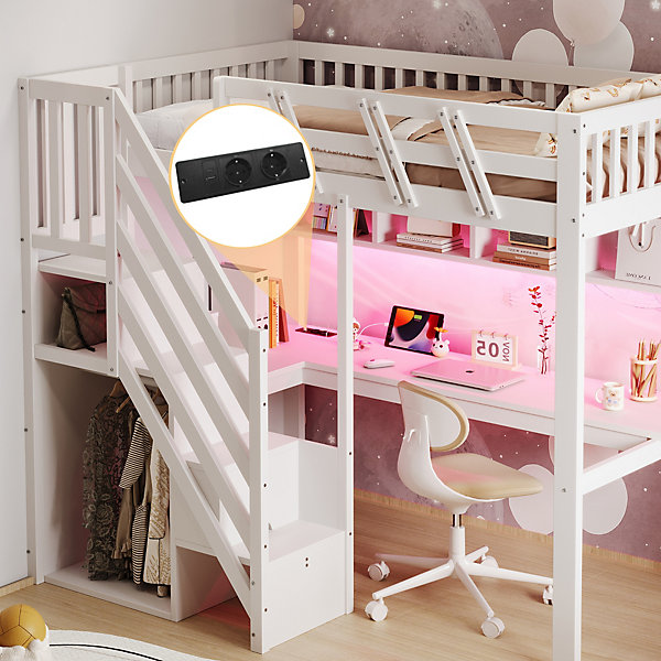Lit mezzanine en bois massif 90x200cm LED - avec échelle de rangement - bureau et port USB - blanc (matelas non inclus)